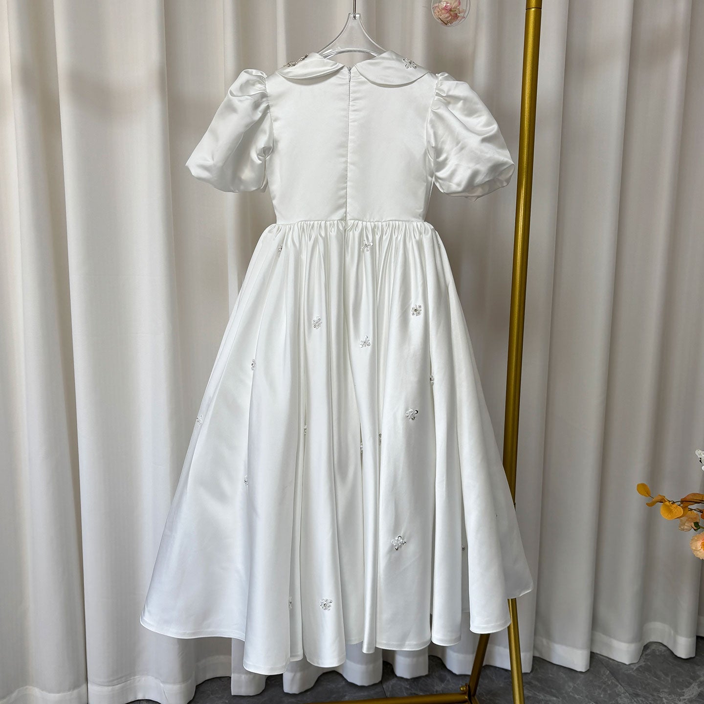 White Satin Girl Dress Ankle Length for Birthday Wedding Party J171