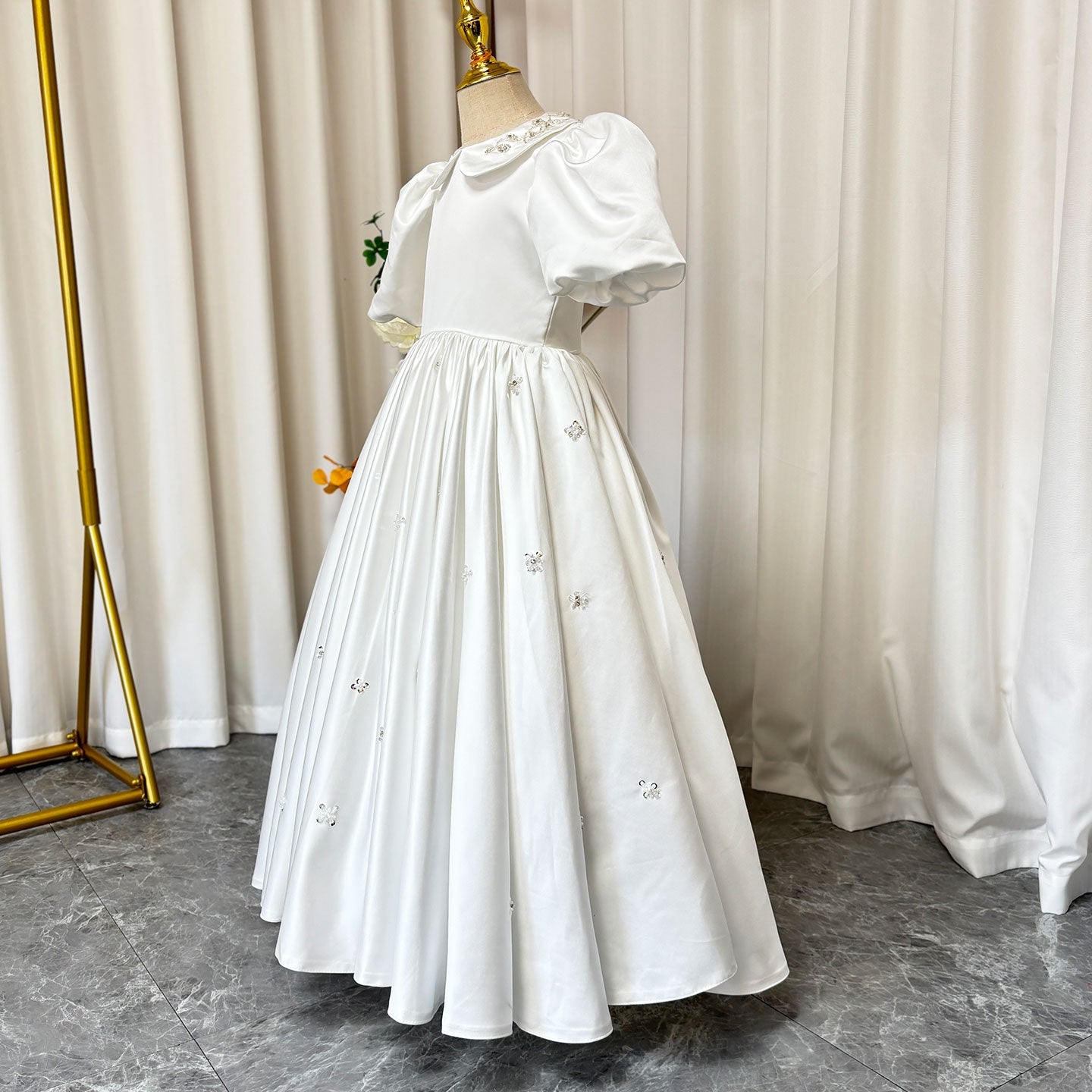 White Satin Girl Dress Ankle Length for Birthday Wedding Party J171