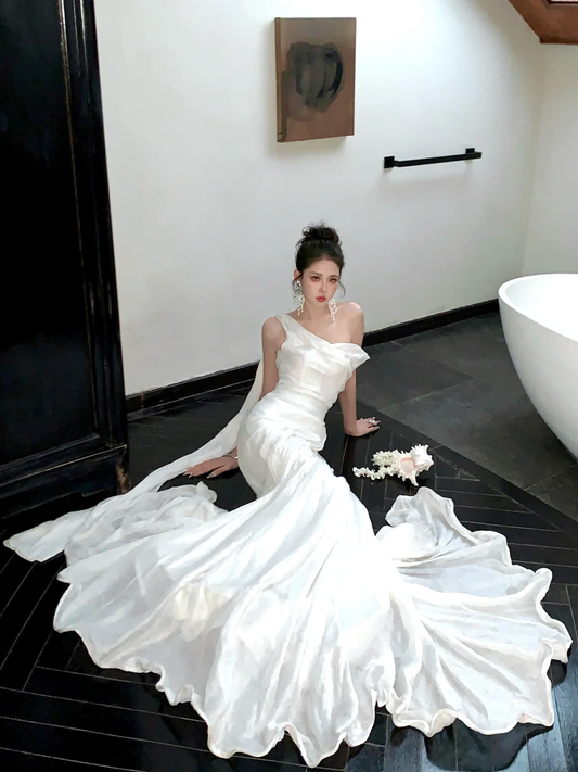 Elegant Mermaid Straps White Satin Long Sweep Party Dress Wedding Dress SH2950