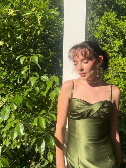 Vintage Mermaid Spaghetti Strap Green Satin Party Dress Evening Dress SH2822