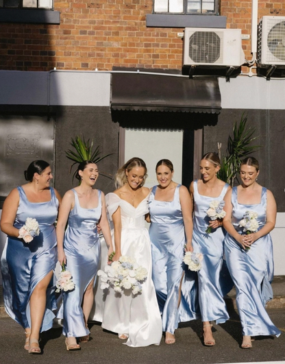 Gentle Sheath Strap Blue Satin Long Bridesmaid Dress Evening Dress with Slit SH2835