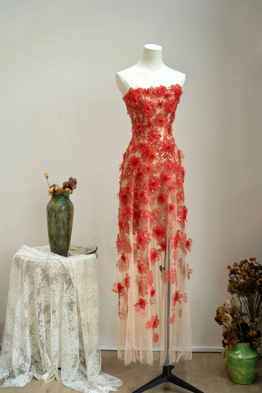 Fairytale Strapless Sheath Tulle Evening Gown Red Lace Applique Long Prom Dresses Bridesmaid Dresses ED03864