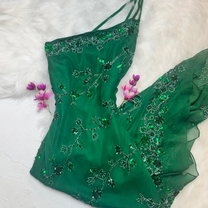 Vintage One Shoulder Sheath Formal Dresses Chiffon Beaded Green Prom Dresses Elegant Evening Gowns ED04653