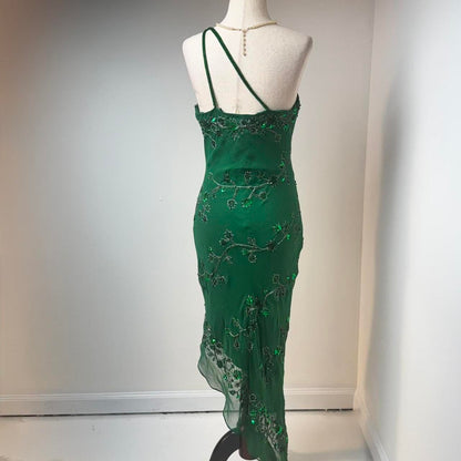 Vintage One Shoulder Sheath Formal Dresses Chiffon Beaded Green Prom Dresses Elegant Evening Gowns ED04653