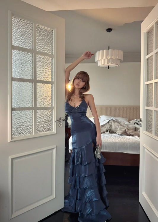 Chic V-neck Sheath Long Prom Dresses Fine Glitter Navy Blue Long Formal Dresses ED04743