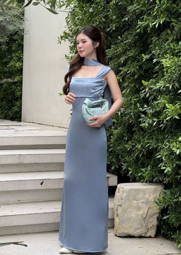 Glam Square Neck Sheath Grey Blue Long Bridesmaid Dresses Satin Grey Blue Wedding Guest Dresses ED04857