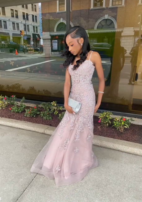 Chic Spaghetti Strap Mermaid Pink Prom Dresses Tulle Applique Pink Evening Dresses ED04947