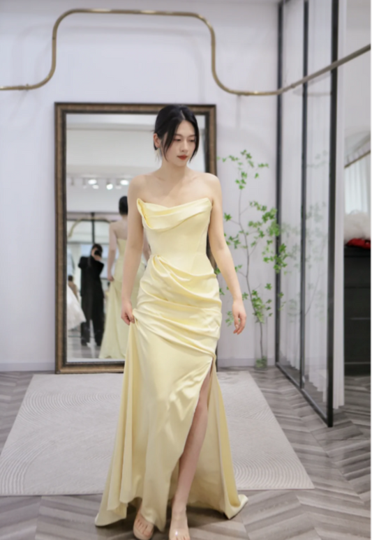 Elegant Yellow Strapless  Sheath Satin Bridesmaid Dresses with Slits Yellow Formal Evening Dress ED05011