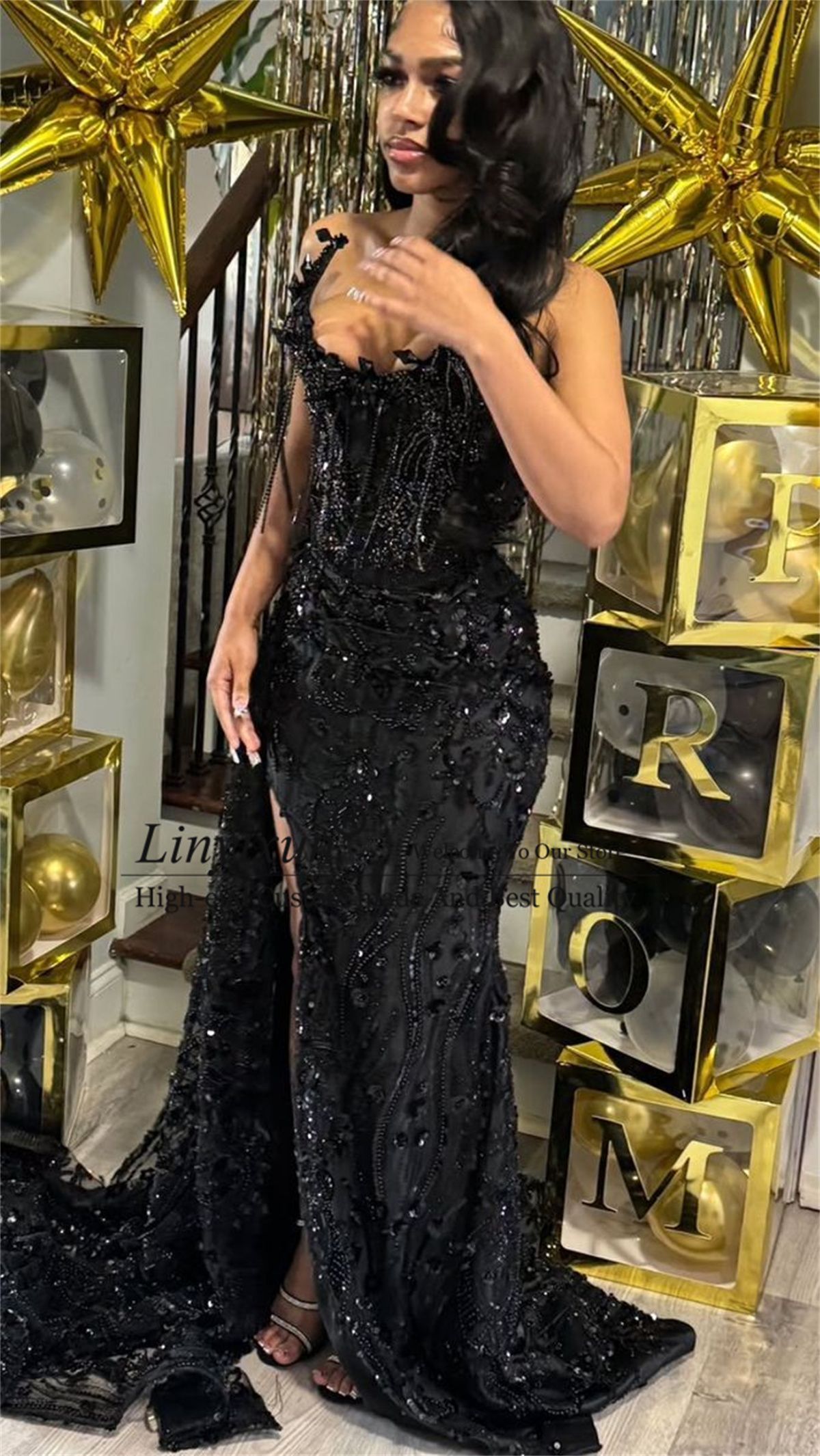 Sexy Strapless Sheath Black Long Prom Dresses with Slits Beaded Tulle Black Birthday Dresses ED05033