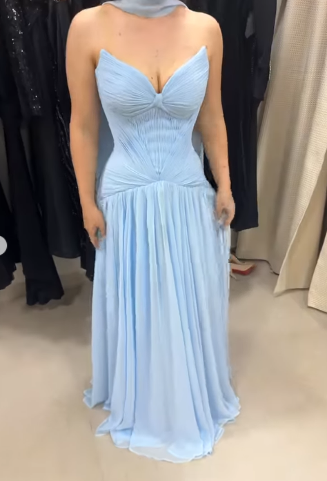 Glam Sweetheart neck Sheath Blue Long Prom Dresses Chiffon Blue Bridesmaid Dresses ED05108