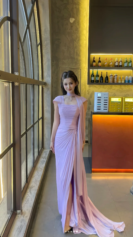 Elegant Straps Sheath Pink Long Prom Dresses Chiffon Pleated Pink Bridesmaid Dresses ED05124