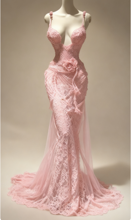 Elegant V-neck Sheath Pink Long Formal Dresses Lace Tulle Pink Prom Dresses ED05170