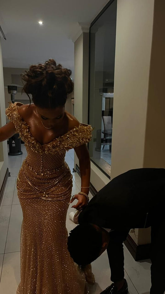 Elegant Off-shoulder Mermaid Gold  Long Prom Dresses Glitter Tulle Gold Evening Gowns ED05192