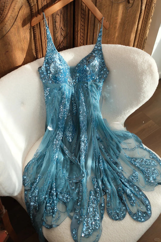Vintage V-neck Sheath Chiffon Beaded Short Prom Dresses, Turquoise Homecoming Dresses EH04171