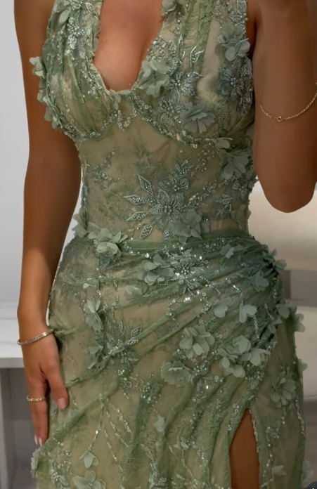 Elegant V-neck Sheath Lace Applique Long Prom Dresses, Green Slit Formal Evening Dresses EP04054