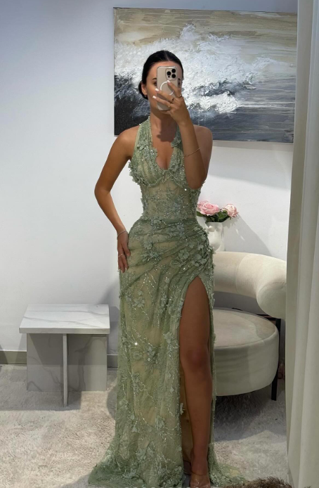 Elegant V-neck Sheath Lace Applique Long Prom Dresses, Green Slit Formal Evening Dresses EP04054