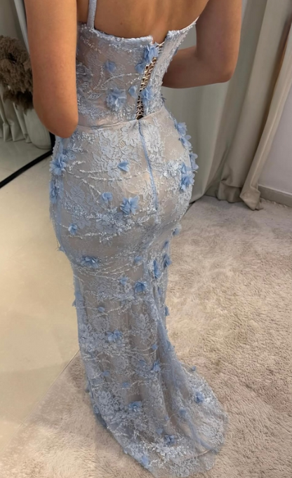 Gorgeous Spaghetti Strap Sheath Lace Applique Long Prom Dresses, Blue Formal Evening Dresses EP04065