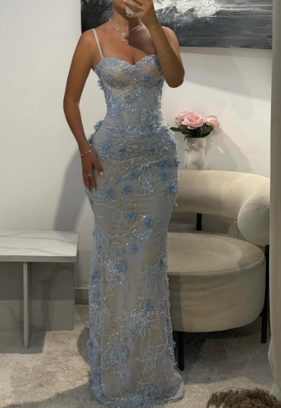 Gorgeous Spaghetti Strap Sheath Lace Applique Long Prom Dresses, Blue Formal Evening Dresses EP04065