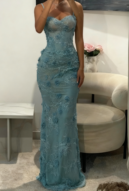 Gorgeous Spaghetti Strap Sheath Lace Applique Long Prom Dresses, Blue Formal Evening Dresses EP04065