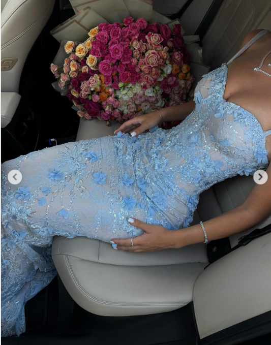 Gorgeous Spaghetti Strap Sheath Lace Applique Long Prom Dresses, Blue Formal Evening Dresses EP04065
