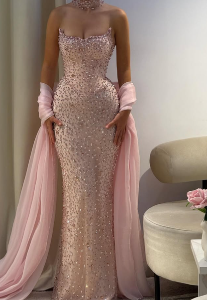 Pink Sheath Strapless Exquisite Rhinestone Tulle Long Prom Dress Evening Dress SH4625
