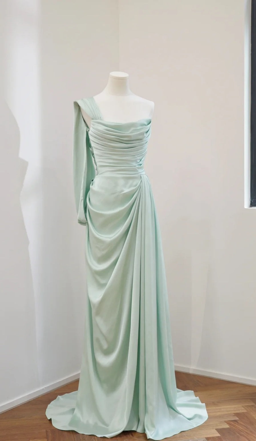 Elegant Off-the-shoulder Sheath Satin Formal Dresses, Mint Green Bridesmaid Dresses EW051