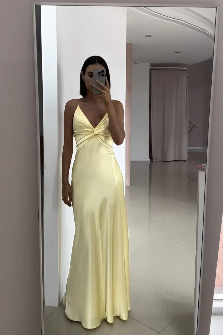 Vintage Yellow V-neck Mermaid Satin Spaghetti Strap Party Dress Evening Gown Bridesmaid Dress TP4297