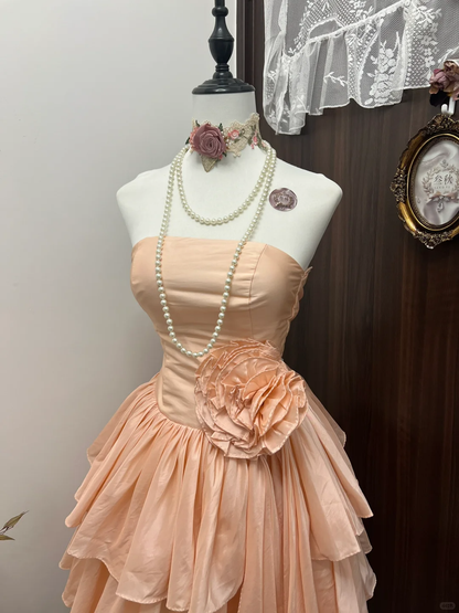 Cute Vintage A Line Strapless Layered Flower Coral Sands Satin Short Homecoming Dress Cocktail Dress SH2986