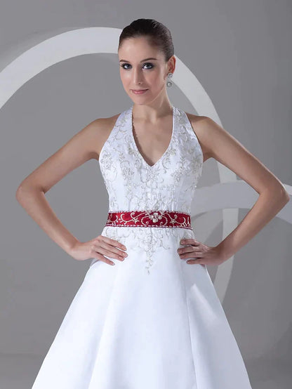 A-Line Wedding Dresses Halter Neck Chapel Train Satin Regular Straps with Sashes Ribbons Beading Embroidery