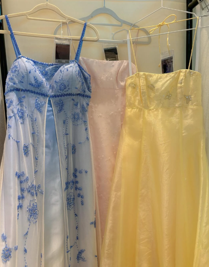 Vintage A Line Spaghetti Strap Beaded Blue Ombre Satin Tulle Party Dress Evening Dress SH2792