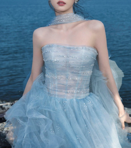 Gorgeous A Line Strapless Beaded Blue Tulle Long Party Dress Evening Dress SH2812