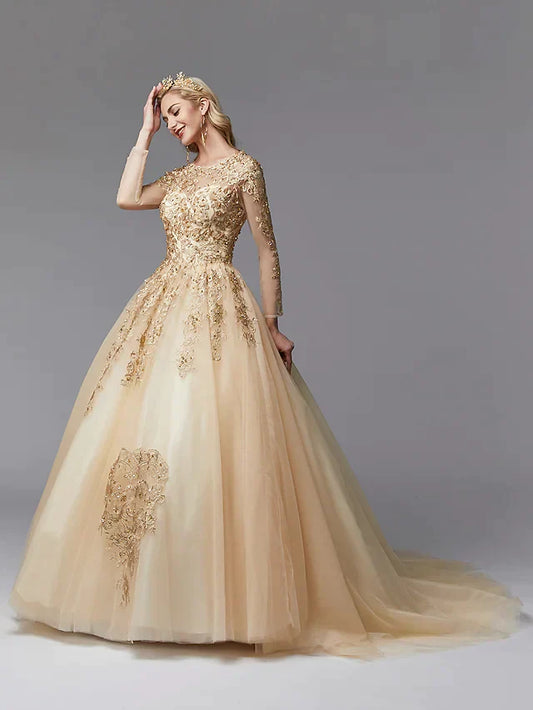 Ball Gown Wedding Dresses Jewel Neck Lace Tulle Long Sleeve Glamorous See-Through Backless Modern with Beading Appliques