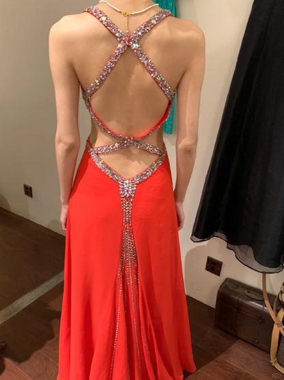 Vintage A Line Spaghetti Strap Red Beaded Sequin Chiffon Long Open Back Prom Dress Evening Dress SH2972