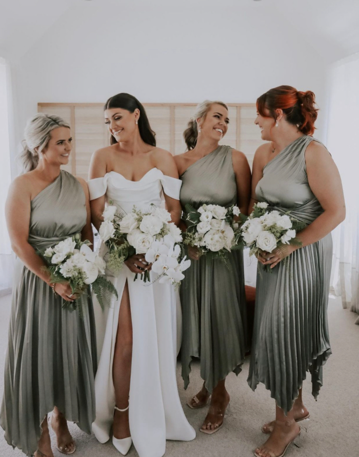 Elegant A Line One Shoulder Pleated Sage Green Satin Bridesmaid Dress Evening Dress SH3056