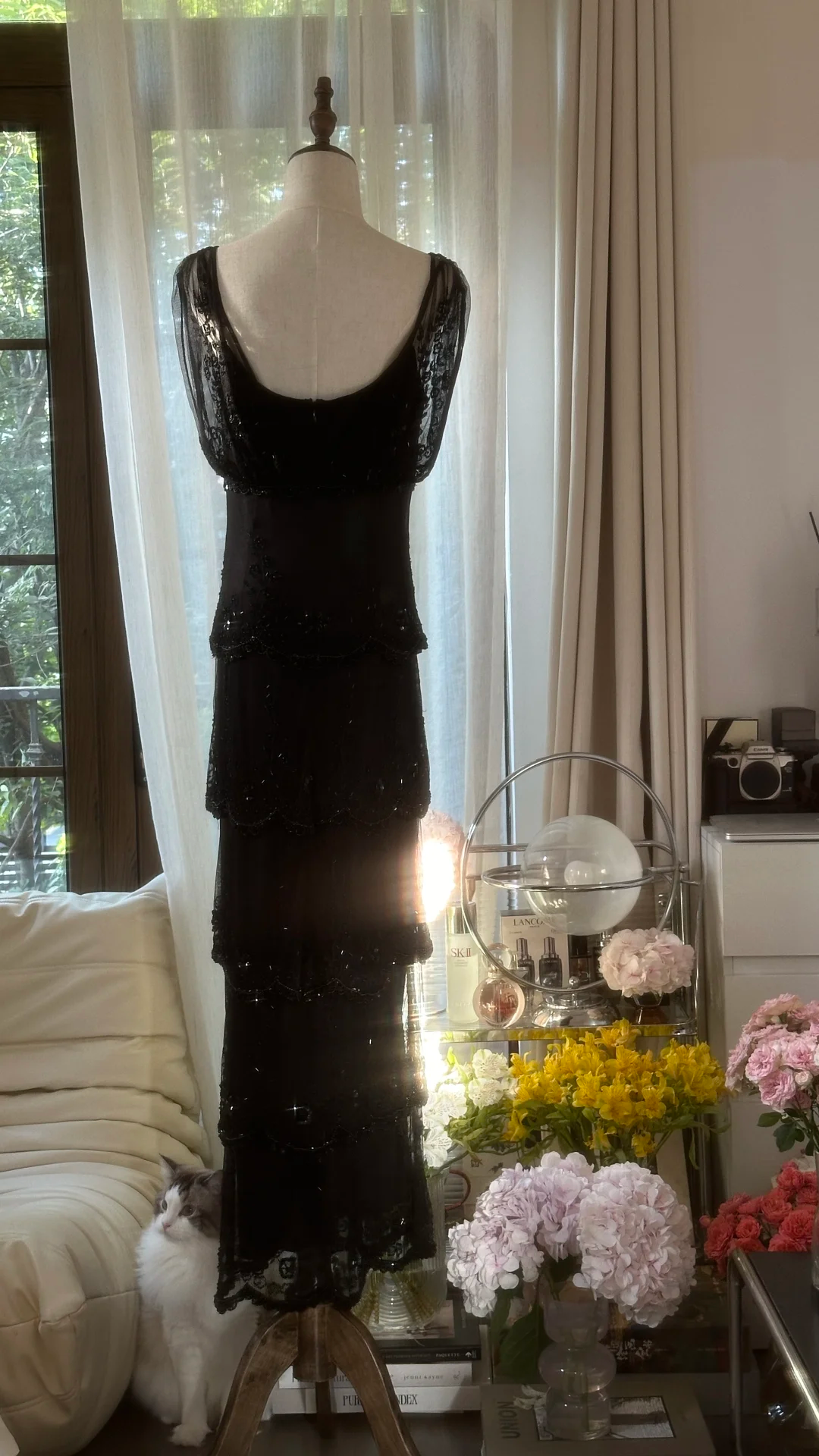 Charming Sheath V Neck Layered Beaded Black Chiffon Party Dress Evening Dress SH2964