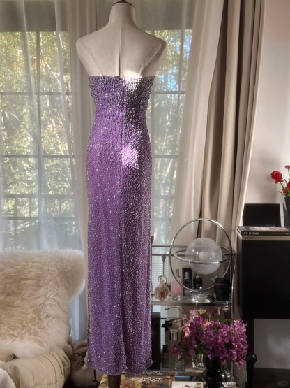 Shiny Sheath Strapless Beaded Purple Chiffon Long Party Dress Evening Dress SH2933