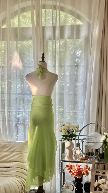 Gentle A Line Halter Beaded Green Chiffon Open Back Party Dress Homecoming Dress SH2936