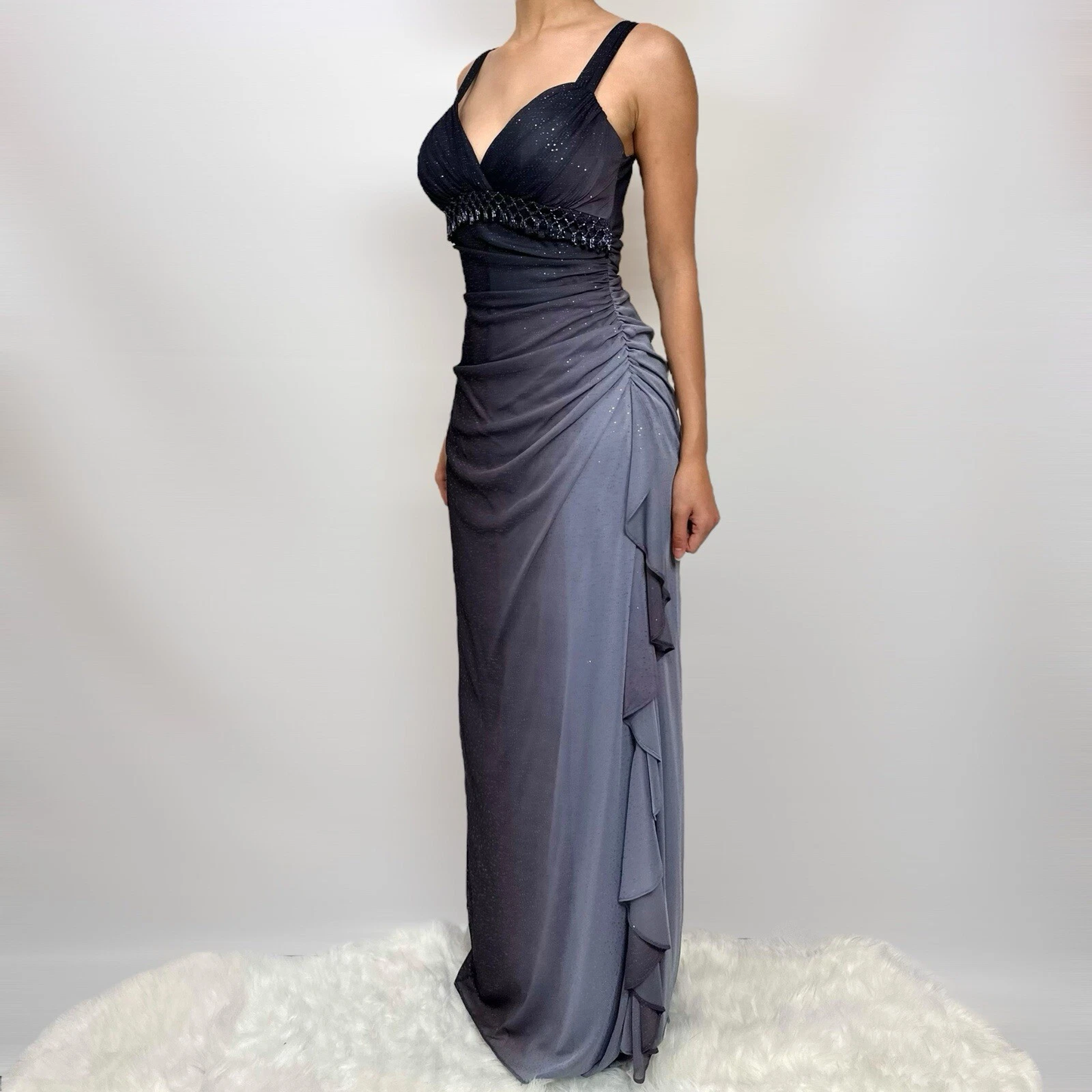 Charming A Line Spaghetti Strap Beaded Navy Blue Ombre Chiffon Party Dress Evening Dress SH2794