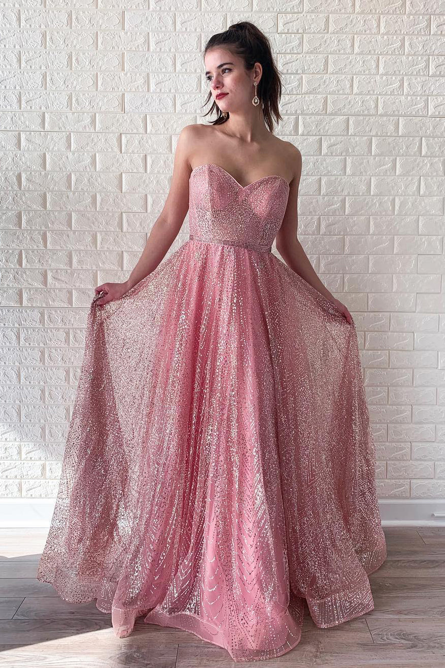 Formal Wear Dresses/A-line Sparkly Sweetheart Long Pink Prom Dress