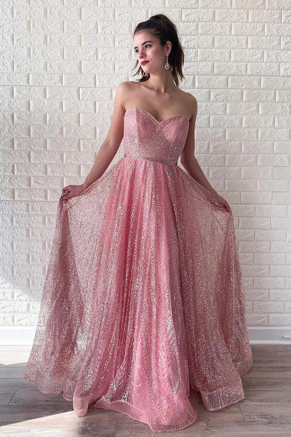 Formal Wear Dresses/A-line Sparkly Sweetheart Long Pink Prom Dress