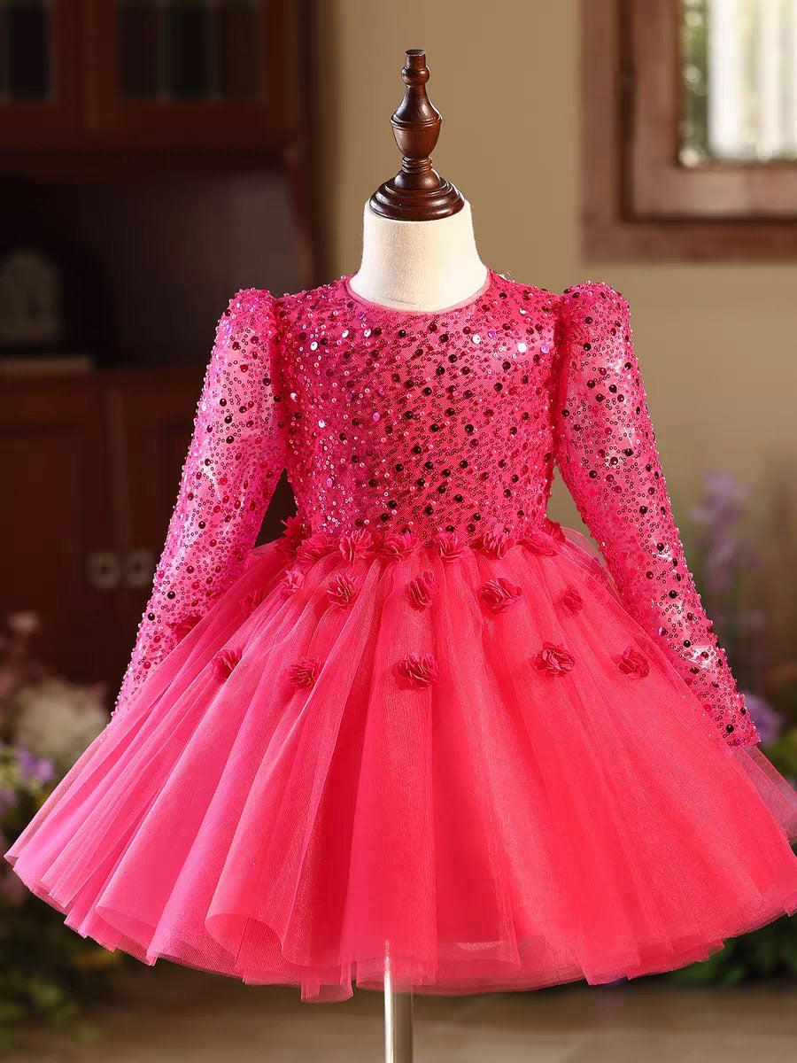 Elegant Long Sleeve Princess Flower Girl Dress for Weddings Parties D167
