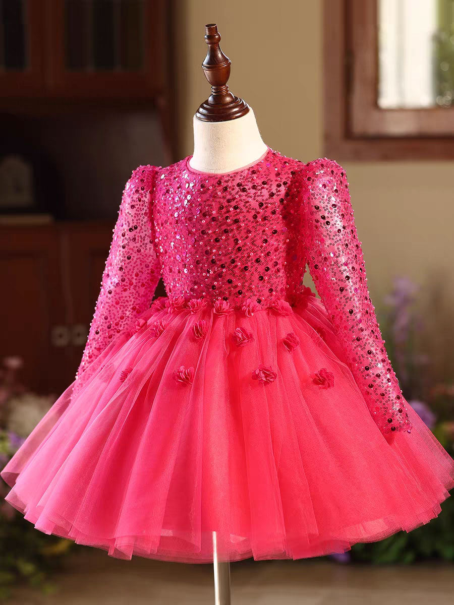 Elegant Long Sleeve Princess Flower Girl Dress for Weddings Parties D167