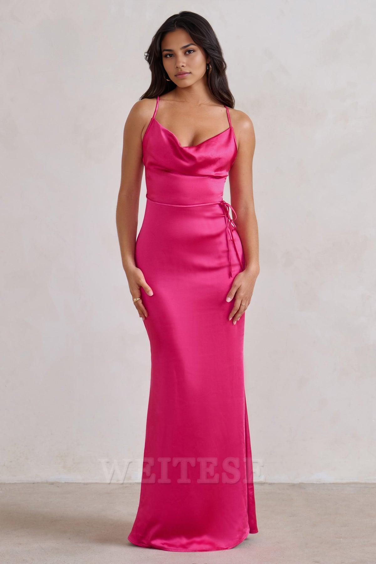 Navy Satin Cowl Neck Maxi Dress Prom Dress With Cross Back Detail Floor Length Bridesmaid Dress