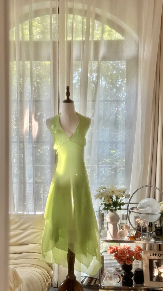 Gentle A Line Halter Beaded Green Chiffon Open Back Party Dress Homecoming Dress SH2936