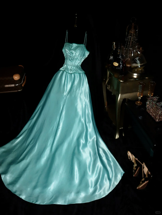 Stunning A Line Spaghetti Strap Beaded Blue Satin Long Prom Dress Party Dress SH3076