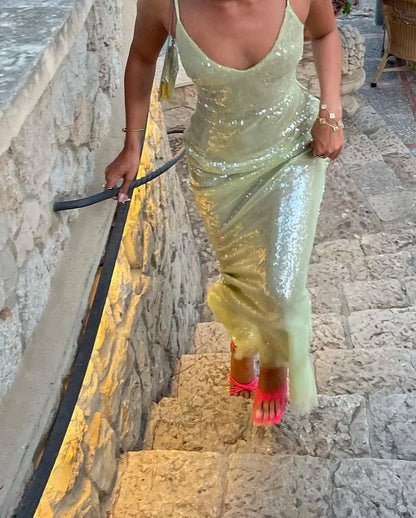 Glitter Mermaid Spaghetti Straps Sage Satin Sequin Long Prom Dress,Evening Dress GG1635