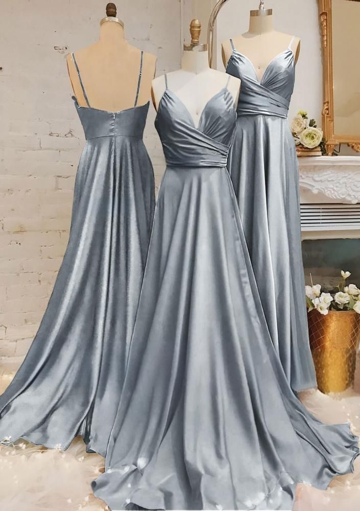 Simple A Line Spaghetti Straps V Neck Satin Long Prom Dress,Bridesmaid Dress,Evening Dress GG1716