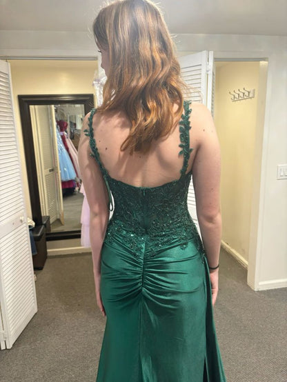 Chic Mermaid Spaghetti Straps Dark Green Satin Applique Slit Long Prom Dress,Evening Dress GG1722
