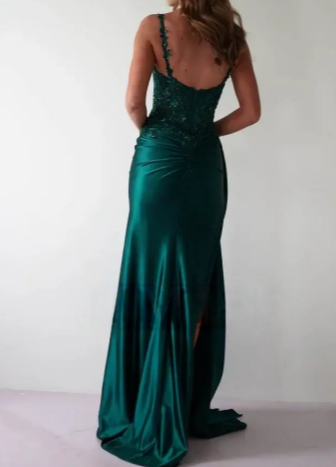 Chic Mermaid Spaghetti Straps Dark Green Satin Applique Slit Long Prom Dress,Evening Dress GG1722