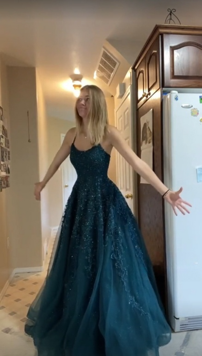 Charming A Line Spaghetti Straps Tulle Applique Beaded With Pocket Long  Prom Dress,Evening Dress GG1742